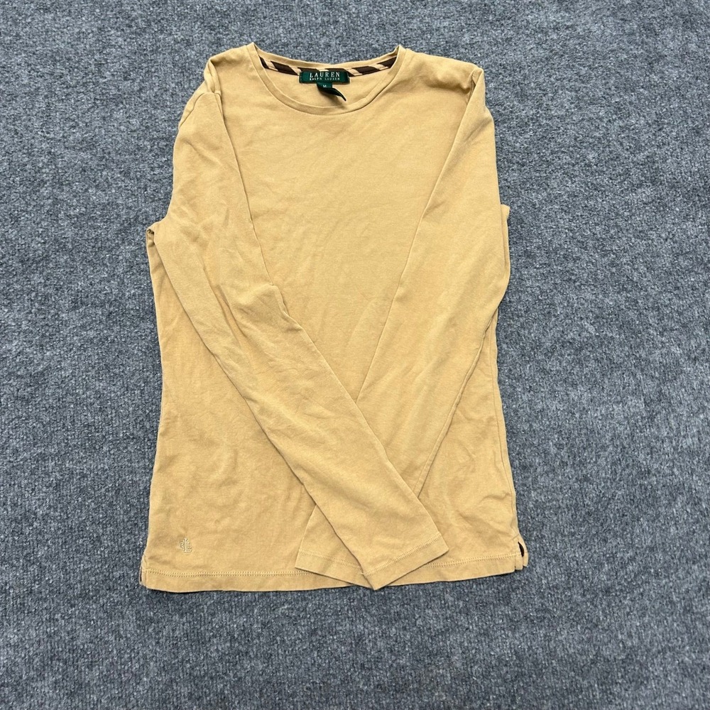 Lauren Ralph Lauren Shirt Womens Size M Tan Long Sleeve Cotton Blend Crew Neck